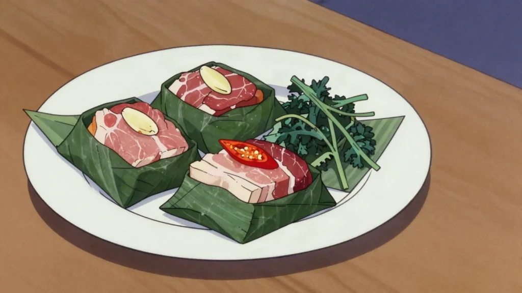 Nem Chua, raw pork cured with garlic, chilli and rice, soured in banana leaf in, Vietnam fermented & pickled, anime style
