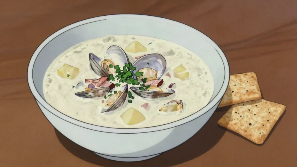 New England clam chowder, creamy soup of clams, potatoes, and salt pork, United States soup & stew, anime style