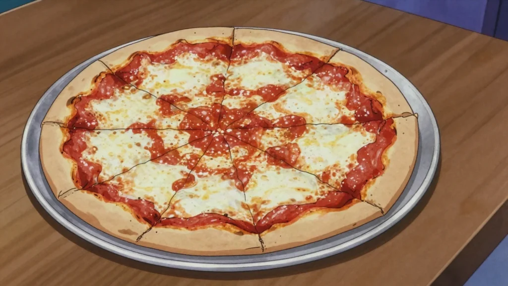 New York-style pizza, thin, foldable wide slices with tomato and mozzarella, United States main, anime style