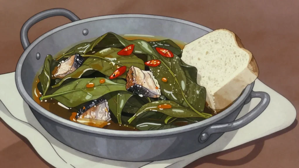 Ngai ngai, sour hibiscus-leaf sauce simmered with smoked fish, DR Congo soup & stew, anime style