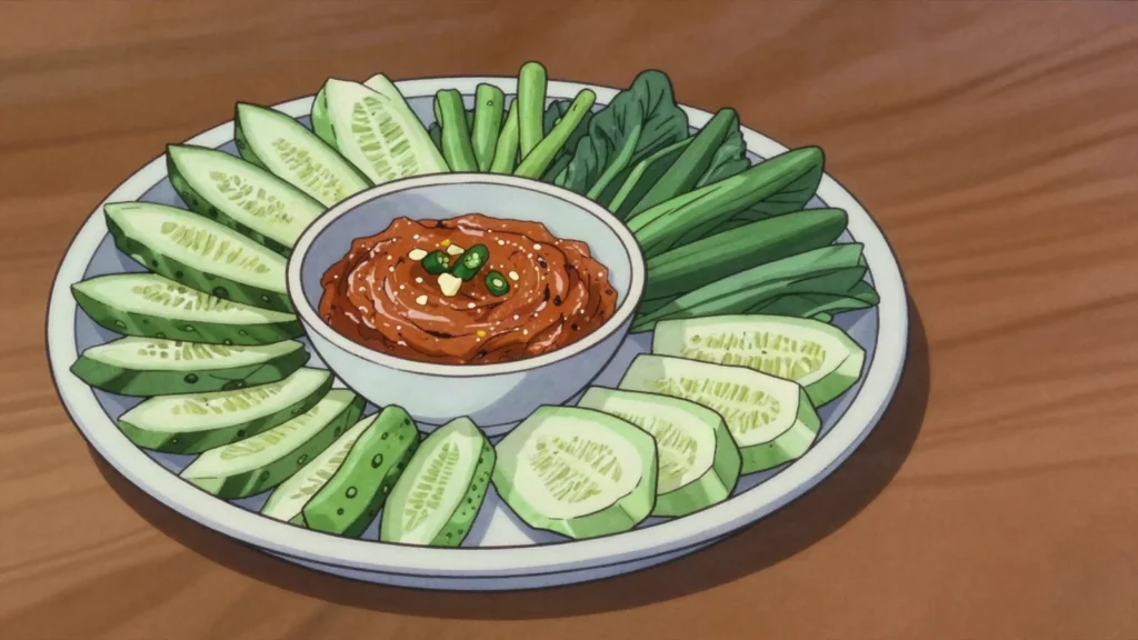 Ngapi Yay, thin fish-paste dip simmered with garlic and chilli, eaten with raw, Myanmar sauce & condiment, anime style