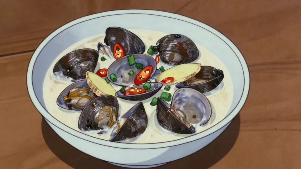 Ngduul, mangrove clams simmered in coconut milk, esteemed traditional food, Palau main, anime style