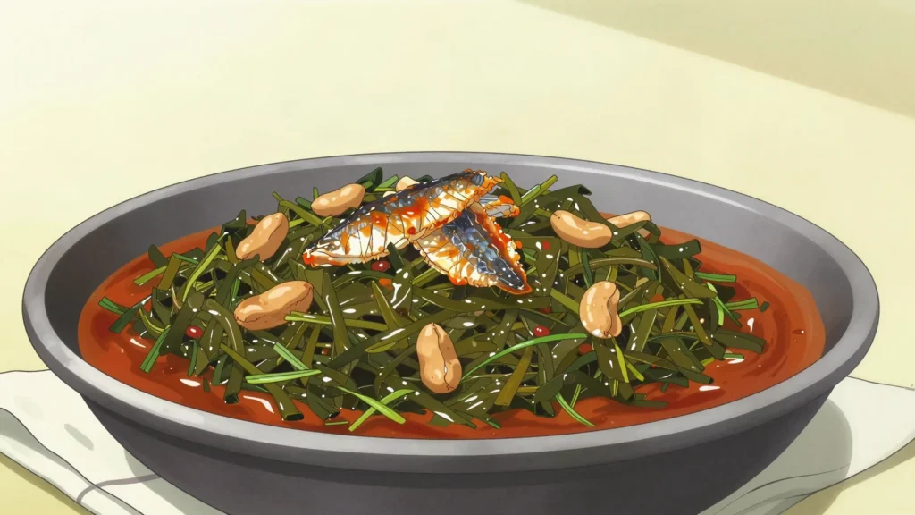 Ngoundja, pounded cassava leaves stewed with palm oil, peanut butter and, Central African Republic soup & stew, anime style