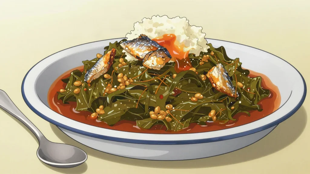 Ngunza, pounded cassava leaves stewed with palm oil, groundnut and smoked, Central African Republic soup & stew, anime style
