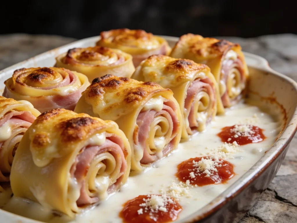 Nidi di rondine, baked 'swallow's nest' pasta rolls with ham, cheese, San Marino main, anime style