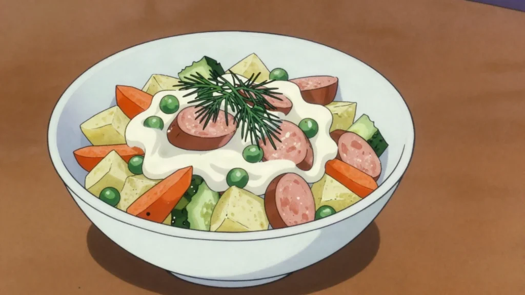 Niislel Salad, diced potato, carrot, pickle and sausage bound with mayonnaise, Mongolia salad & side, anime style