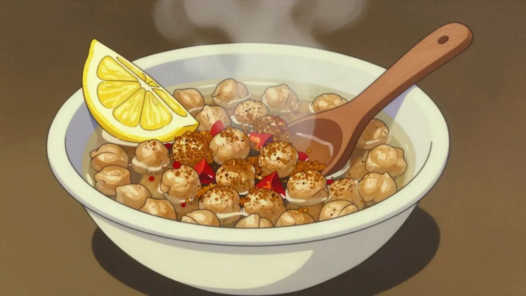 Nikhi, hot boiled chickpeas in their broth, dressed with cumin, lemon and chilli, Kuwait street food, anime style