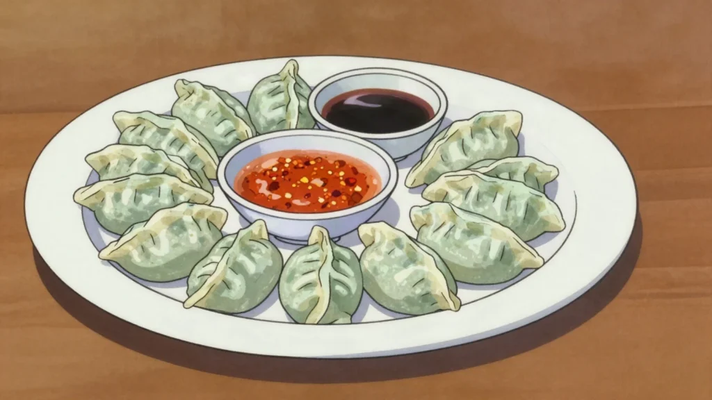Niouk yen, steamed chayote and pork dumplings, soft and slippery, dipped in chili, Mauritius street food, anime style