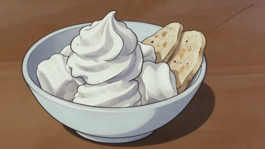 Nishallo, whipped marshmallow-like sugar cream made for Ramadan, Tajikistan dessert, anime style