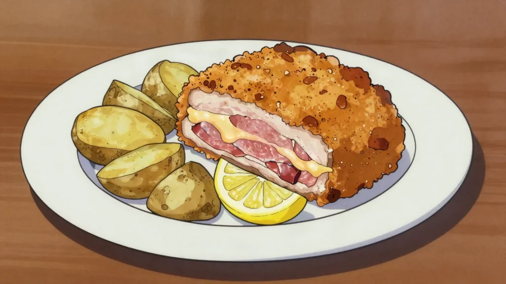 Njeguski stek, pork loin stuffed with Njeguši ham and cheese, breaded and fried, Montenegro main, anime style