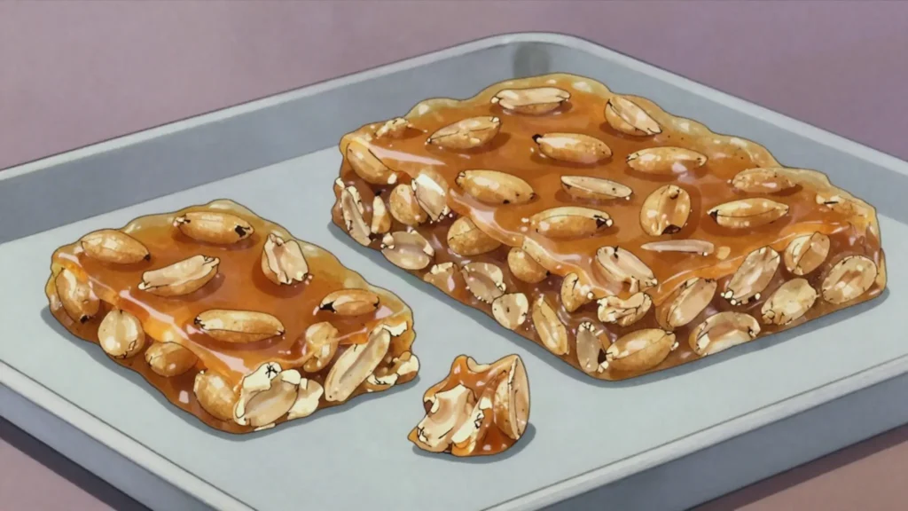 Nkate cake, brittle slab of roasted peanuts set in caramelised sugar, Ghana snack, anime style