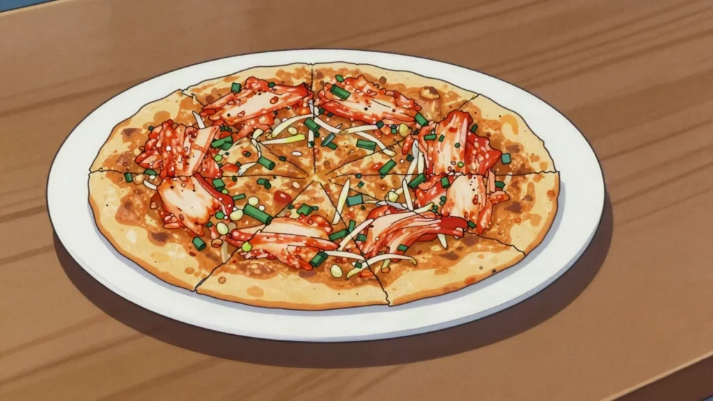 Nokdu-jijim, crisp-edged griddled mung-bean pancake with vegetables, North Korea snack, anime style