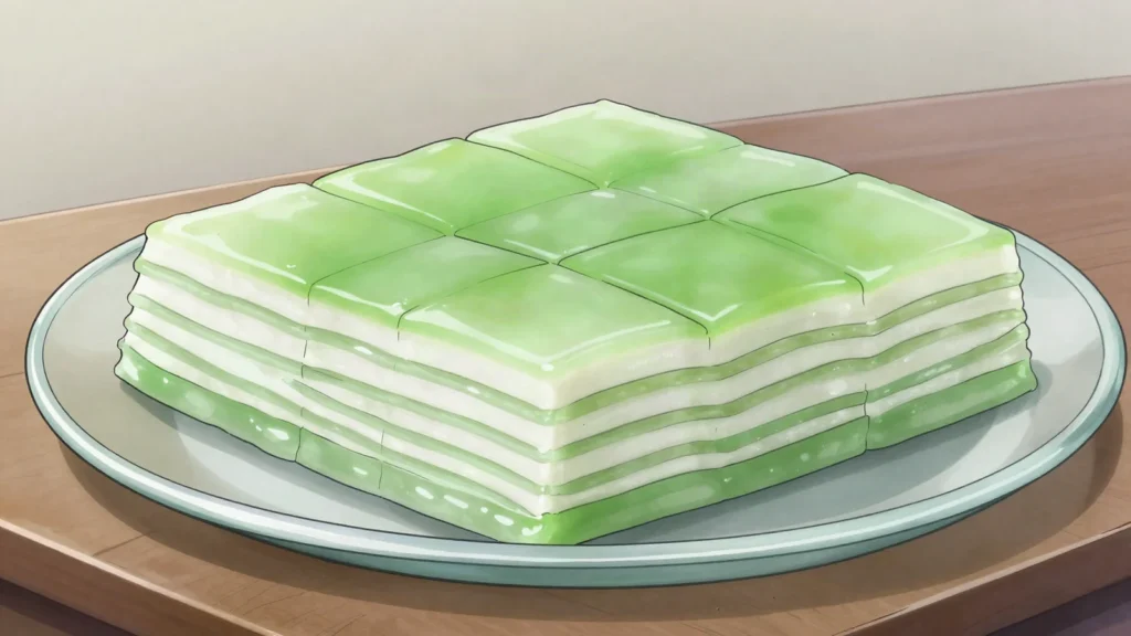 Nom Chak Kachan, steamed layer cake of rice flour, coconut milk and pandan in green and white, Cambodia dessert, anime style