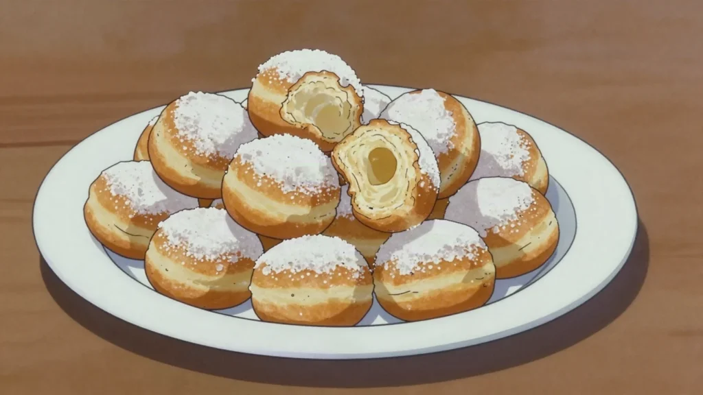 Nonnefäscht, small round carnival doughnuts fried and dusted with sugar, Luxembourg dessert, anime style