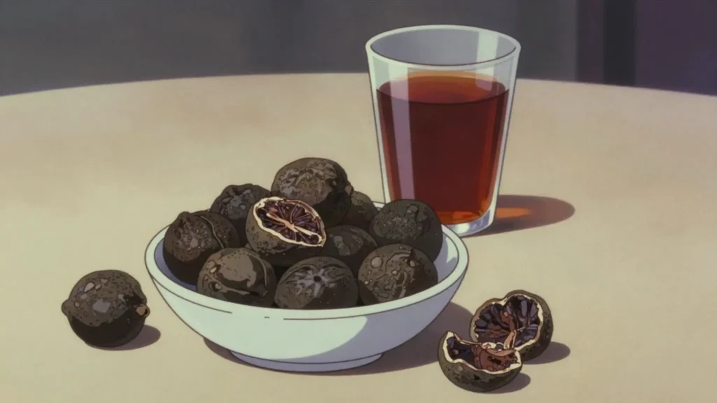 Noomi Basra, dried black limes, boiled then sun-dried, crushed into stews and brewed as, Iraq sauce & condiment, anime style