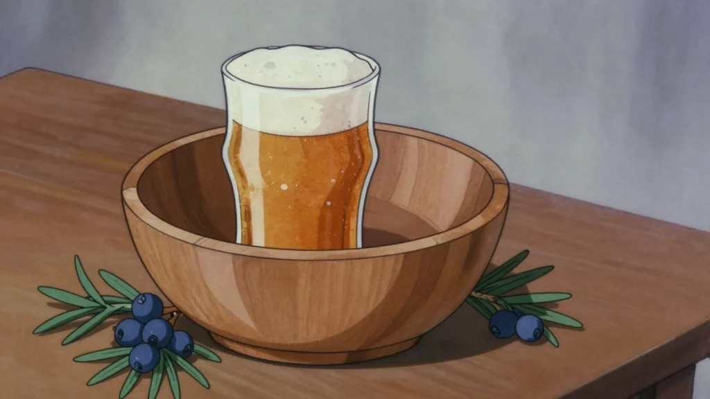 Norwegian farmhouse ale, strong home-brewed ale flavoured with juniper, cloudy and fruity, Norway wine & spirit, anime style