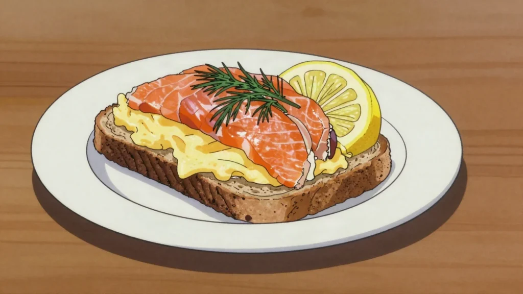 Norwegian smoked salmon, cold-smoked salmon sliced thin onto scrambled eggs or bread, Norway charcuterie & cured, anime style