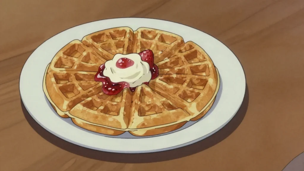 Norwegian waffles, heart-shaped cardamom waffles with sour cream and jam, Norway snack, anime style