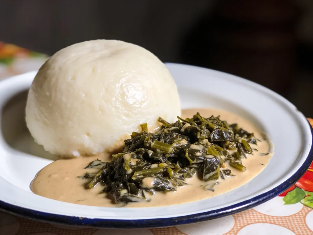 Nshima, thick maize porridge lumps eaten with ndiwo relishes, Zambia main, anime style