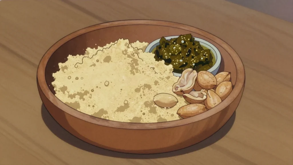 Nsinjiro, roasted groundnut flour stirred into greens and relishes, Malawi sauce & condiment, anime style