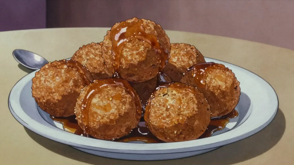 Nuégados, fried yuca or corn fritters soaked in dark panela syrup, El Salvador dessert, anime style