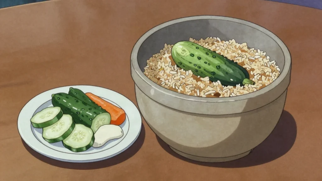 Nukazuke, vegetables buried in a live rice-bran bed; sour, salty, faintly, Japan fermented & pickled, anime style
