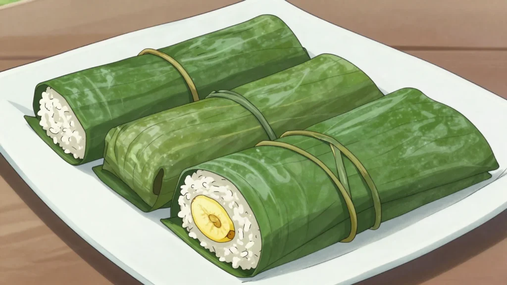 Num Ansom, festival sticky-rice cylinders with banana or pork, wrapped in leaves, Cambodia snack, anime style