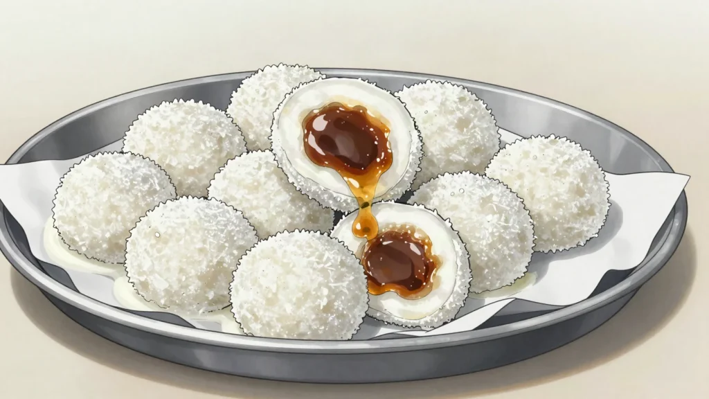 Num Plae Ai, rice-flour balls hiding a lump of palm sugar, boiled and rolled in coconut, Cambodia dessert, anime style