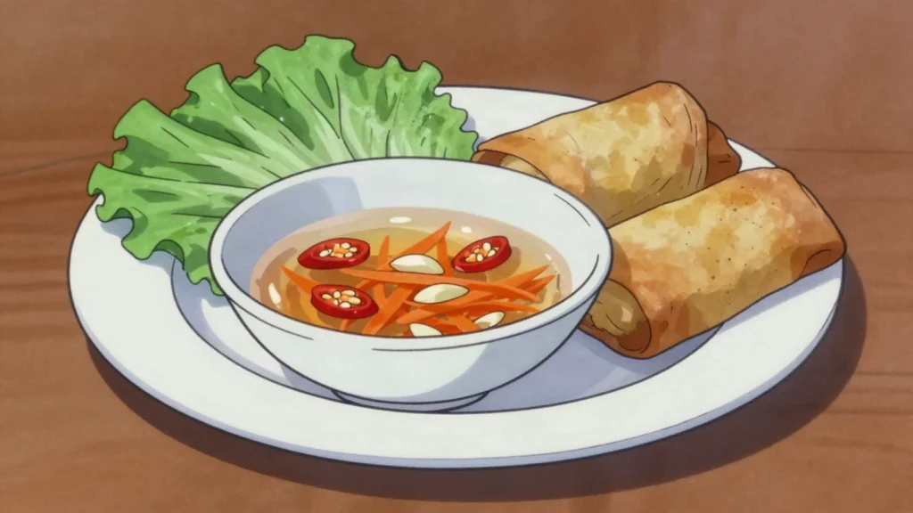 Nuoc Cham, fish-sauce lime dip balancing sweet, sour, salty and hot, Vietnam sauce & condiment, anime style