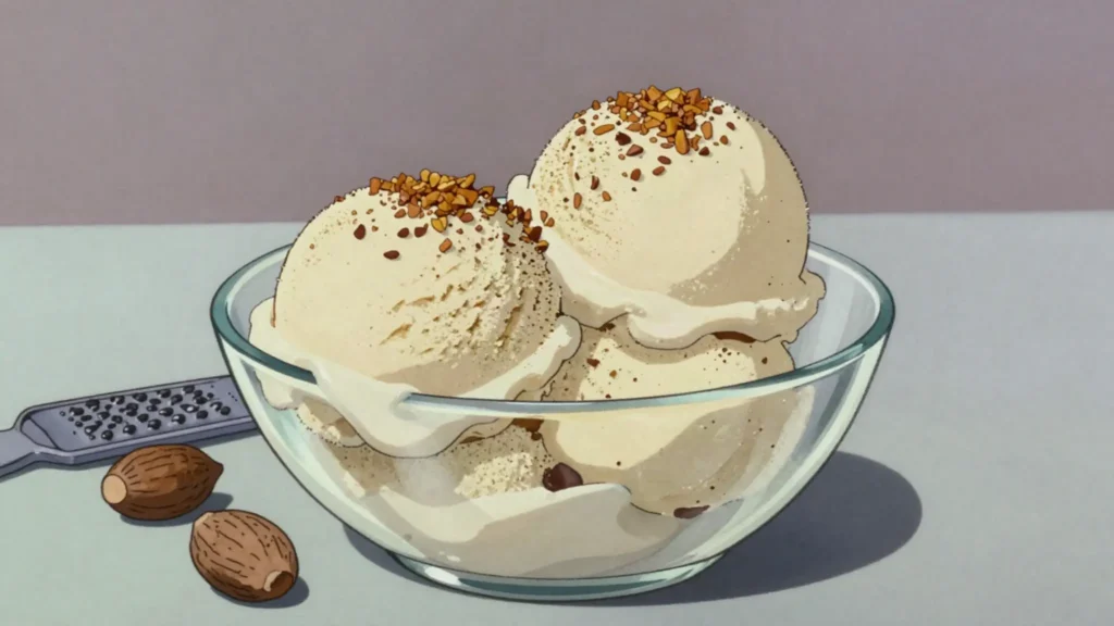 Nutmeg ice cream, spice Isle ice cream perfumed with fresh nutmeg, Grenada dessert, anime style