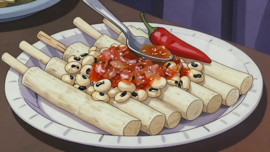 Nyambeh nyebeh, boiled cassava with black-eyed peas, topped with onion and tomato stew, Gambia street food, anime style