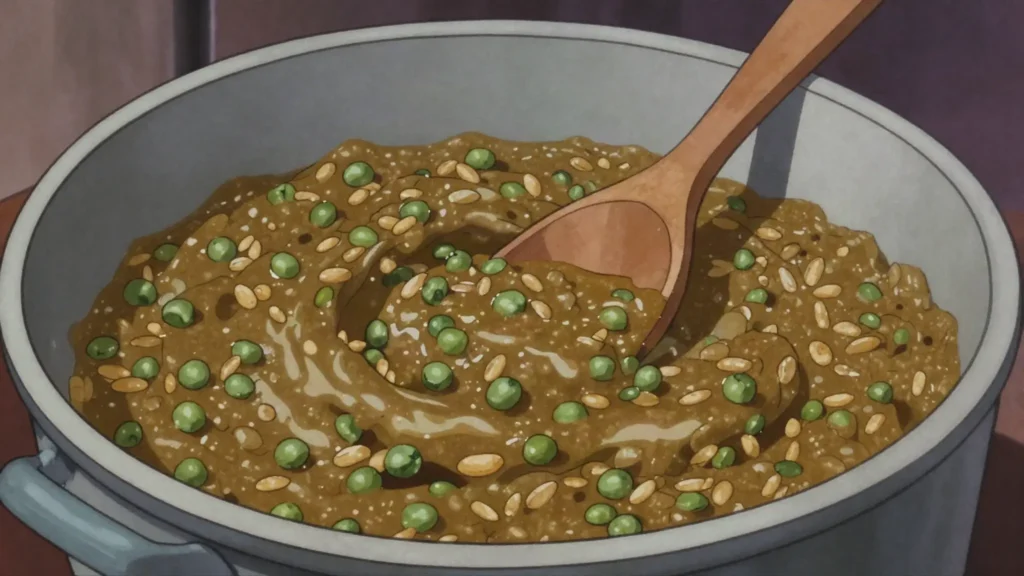 Nyekoe, hearty pot of peas or beans cooked with grain, Lesotho main, anime style