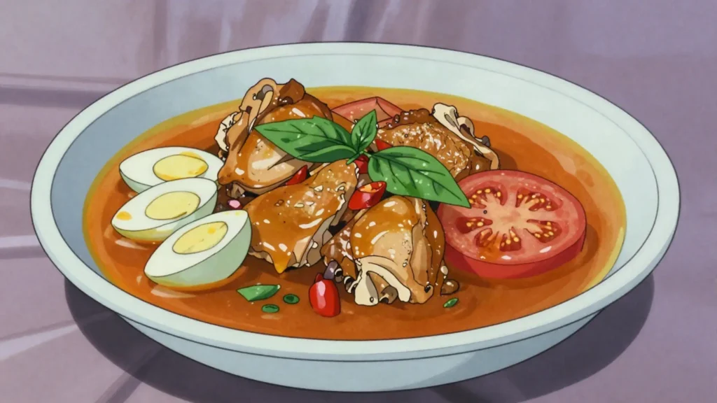 Nyembwe chicken, chicken stewed in palm-nut cream, often with smoked flavors; national dish, Gabon main, anime style