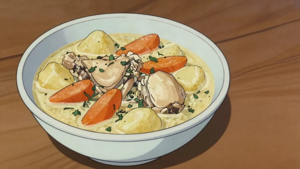 Obara, thick stew of meat, root vegetables and often mushrooms, Slovenia soup & stew, anime style