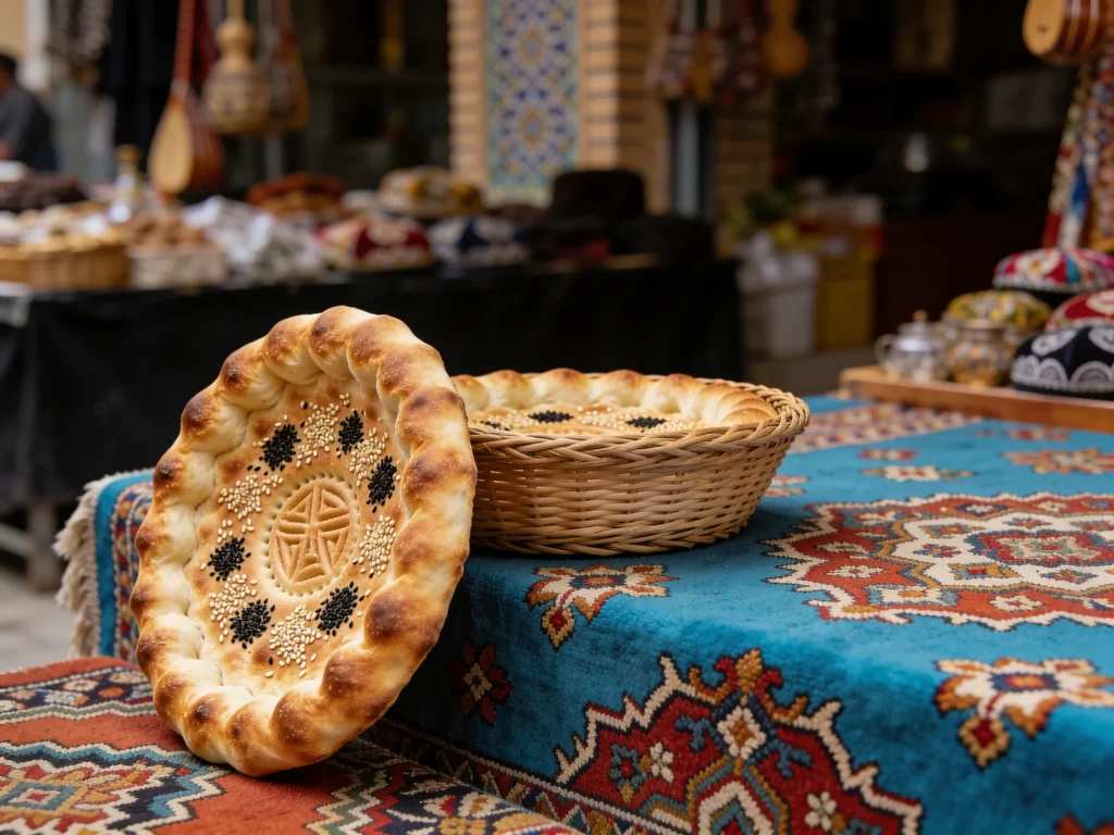Obi non, stamped tandyr bread rounds, never placed upside down, Uzbekistan bread & pastry, anime style