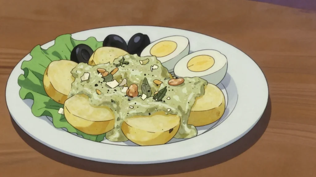 Ocopa, boiled potatoes under a sauce of huacatay, aji, peanuts and cheese, Peru salad & side, anime style
