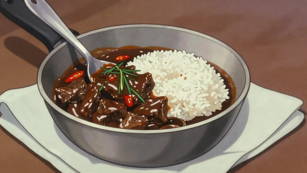 Odika sauce, meat or fish stewed with smoky wild-mango-kernel bush chocolate, Gabon soup & stew, anime style