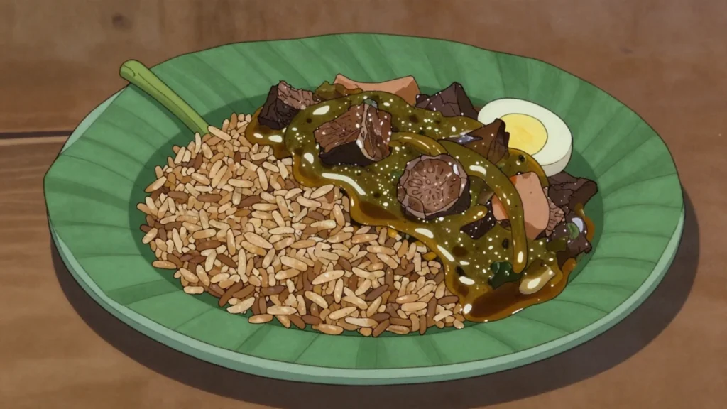 Ofada rice, local unpolished rice with spicy green-pepper ayamase stew, Nigeria main, anime style
