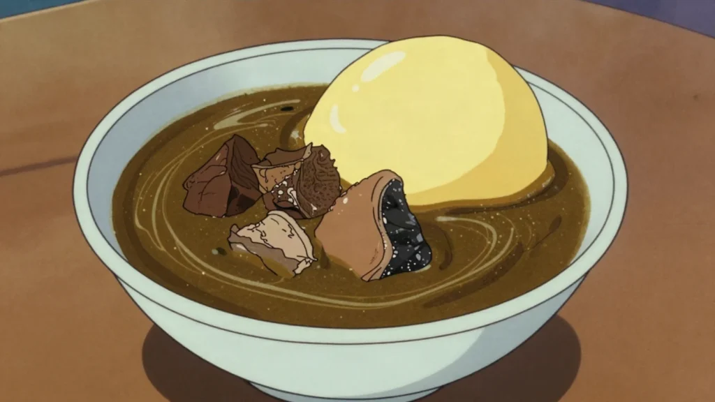Ogbono soup, drawy wild-mango-seed soup with slippery texture, eaten with eba, Nigeria soup & stew, anime style