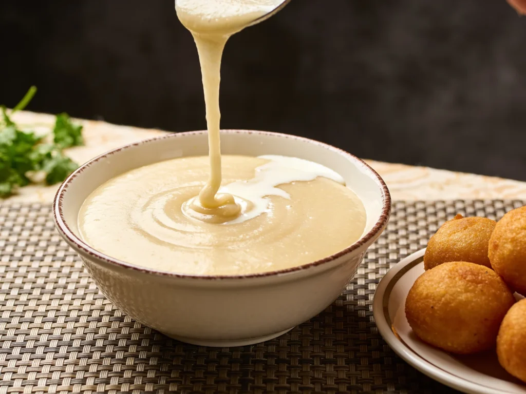 Ogi, soured fermented maize starch cooked to a smooth pap, eaten with akara or, Nigeria fermented & pickled, anime style