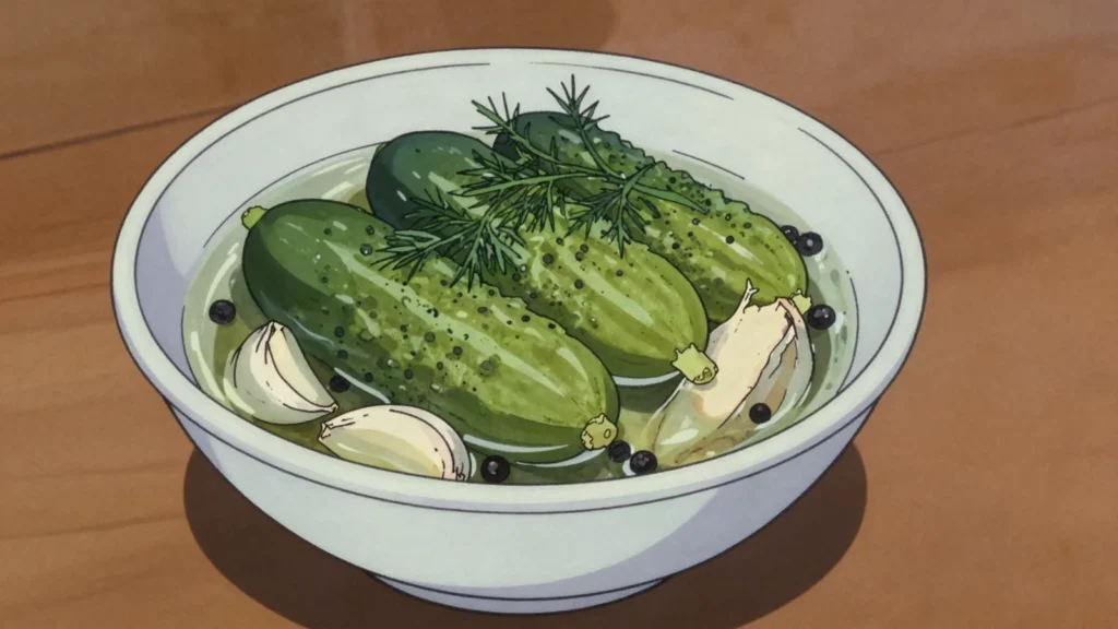 Ogórki kiszone, salt-brined dill cucumbers, sour and cloudy, eaten with vodka or, Poland fermented & pickled, anime style