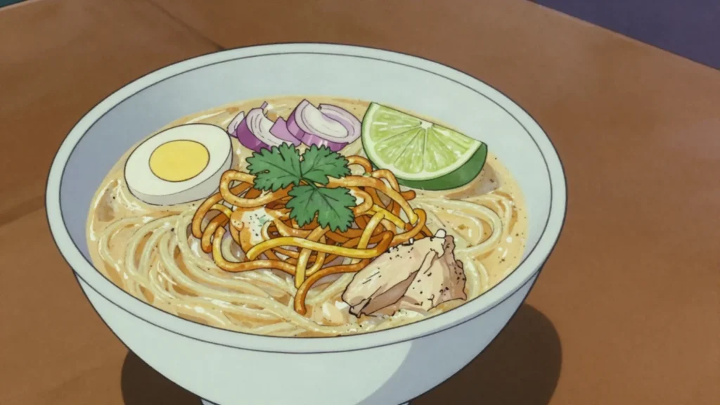 Ohn No Khao Swe, coconut chicken soup with wheat noodles and crisp toppings, Myanmar soup & stew, anime style