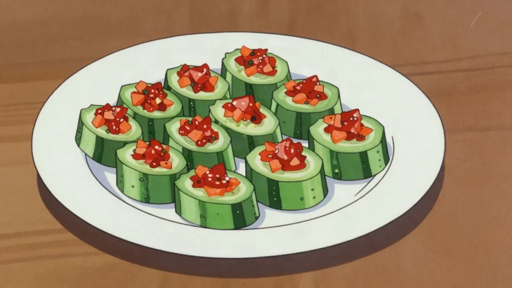 Oi Sobagi, cucumbers slit and stuffed with chive-chili filling, a fast summer, South Korea fermented & pickled, anime style