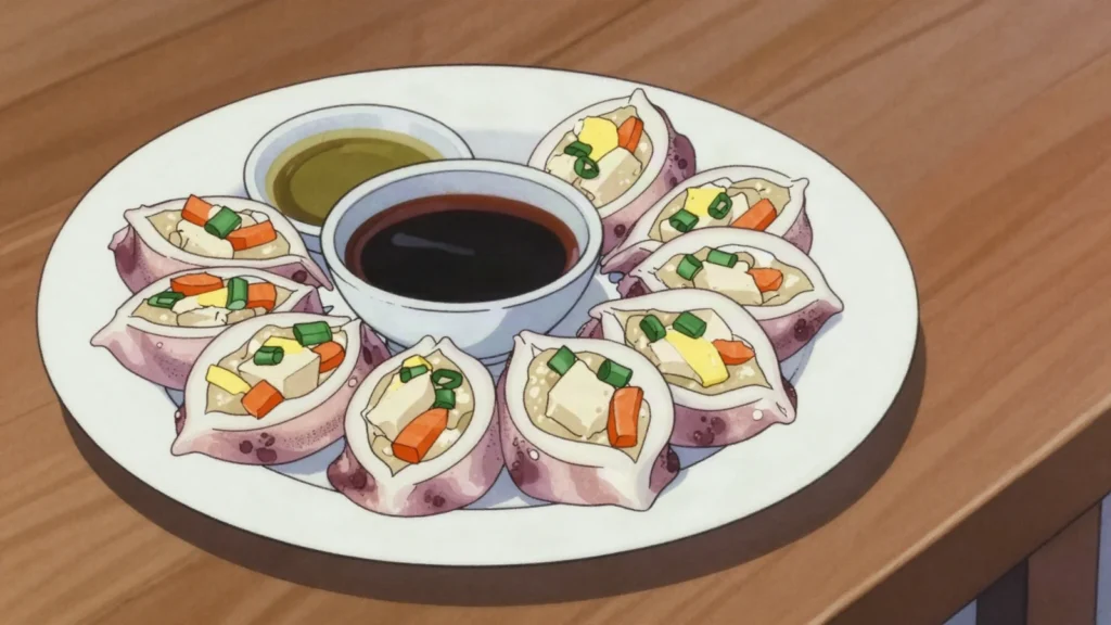 Ojingeo Sundae, squid tubes stuffed with vegetables and egg, steamed then sliced, North Korea main, anime style