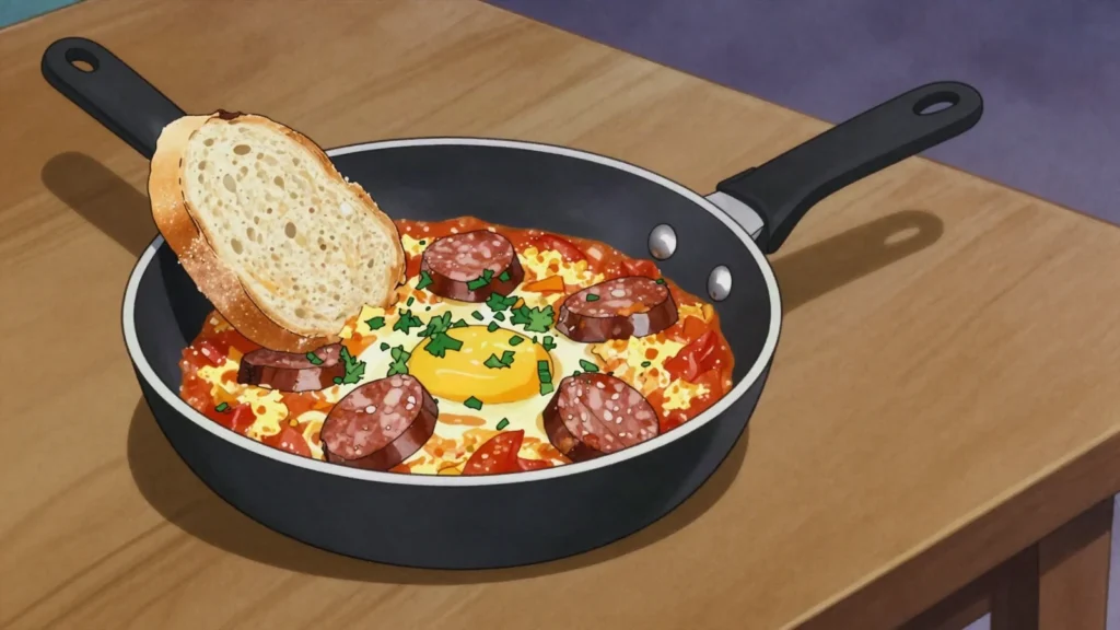 Ojja, eggs scrambled into spicy tomato-pepper sauce, often with merguez or shrimp, Tunisia main, anime style
