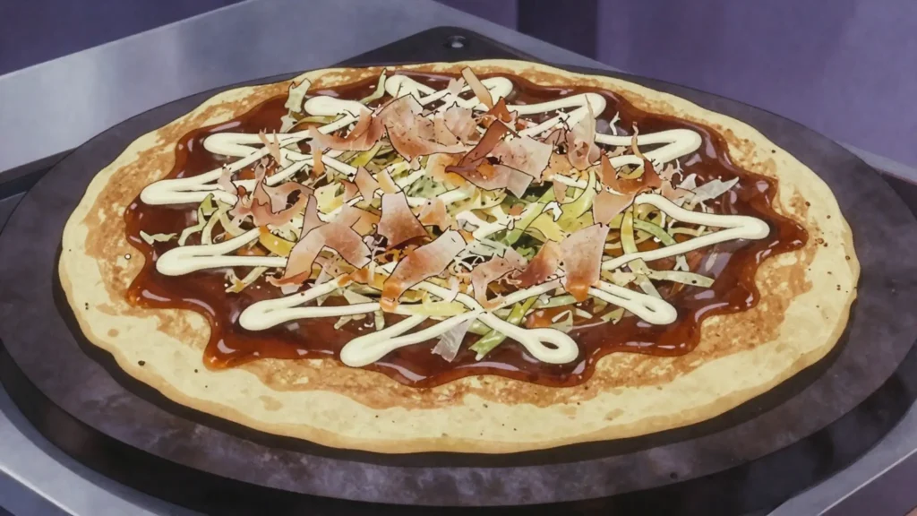 Okonomiyaki, savory cabbage pancake grilled with pork, sauce, mayonnaise and bonito flakes, Japan main, anime style