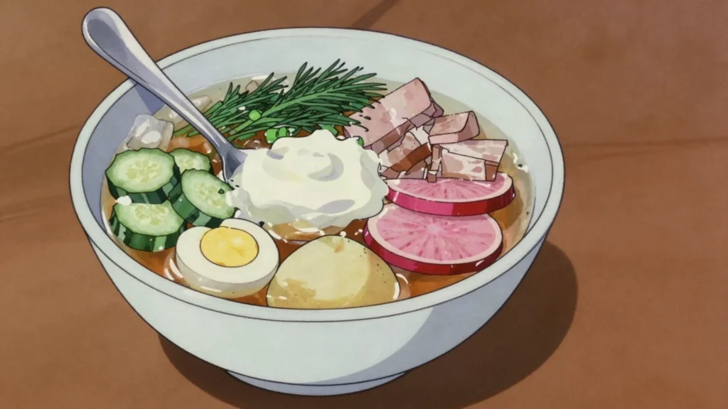 Okroshka, cold kvass soup with vegetables, egg, ham, Russia soup & stew, anime style