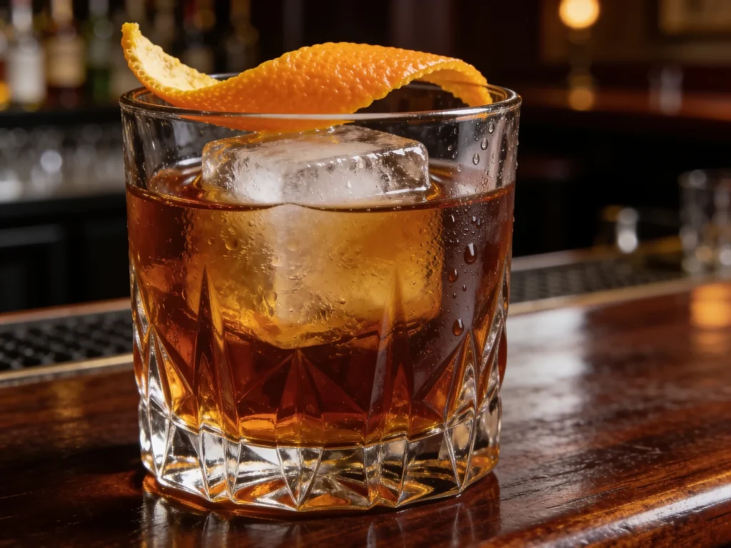 Old Fashioned, whiskey, sugar, bitters and ice, stirred and twisted with orange peel, United States cocktail, anime style