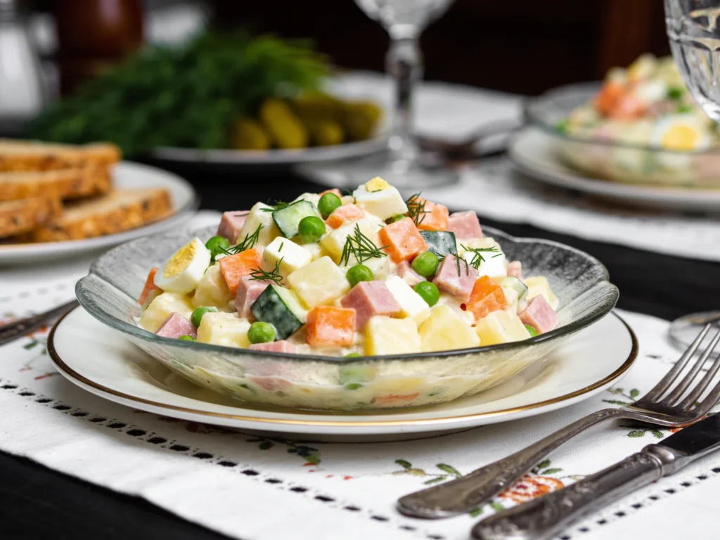 Olivier salad, potato, egg, pea and mayonnaise salad, New Year centerpiece, Russia salad & side, anime style