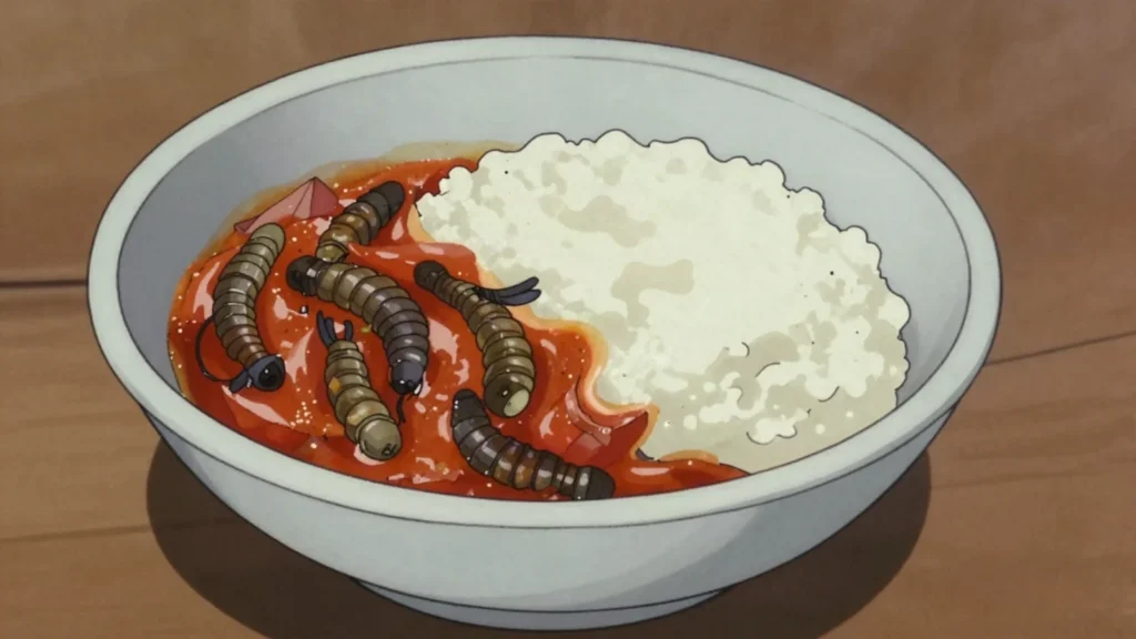 Omagungu, mopane worms dried, fried or stewed, Namibia snack, anime style
